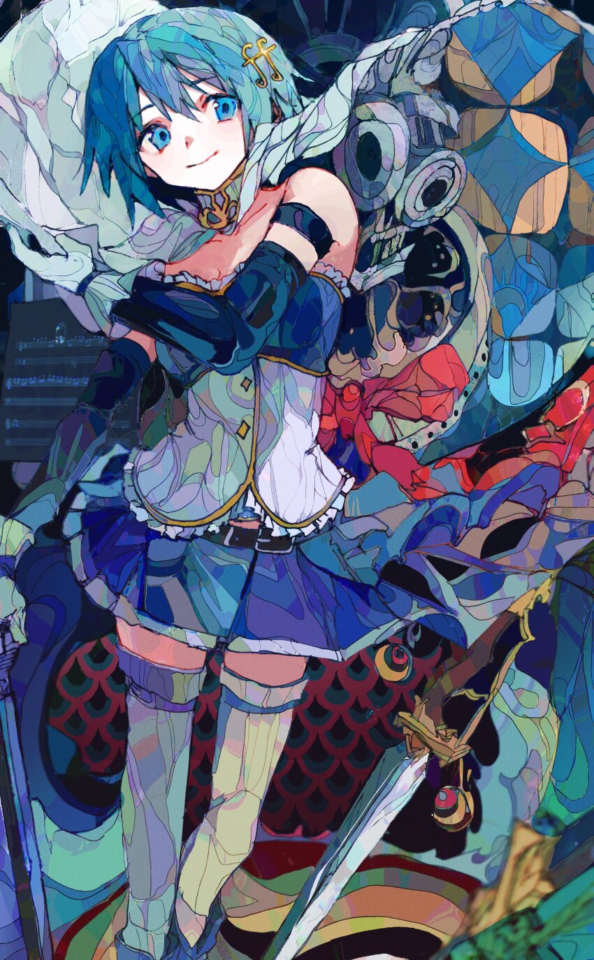 1girl absurdres bare_shoulders belt belt_buckle black_belt blue_background blue_bow blue_eyes blue_footwear blue_gemstone blue_hair blue_shirt blue_skirt blue_sleeves boots bow bowtie breasts buckle buttons cape_hold cape_lift capelet circle_skirt cleavage closed_mouth clothing_cutout collarbone collared_cape commentary detached_sleeves diamond_button feet_out_of_frame fortissimo frilled_shirt_collar frills gem hair_ornament hairclip helm helmet high_collar highres holding holding_sword holding_weapon looking_at_viewer magical_girl mahou_shoujo_madoka_magica mahou_shoujo_madoka_magica_(anime) mermaid miki_sayaka miki_sayaka_(magical_girl) miniskirt monster_girl musical_note musical_note_hair_ornament oktavia_von_seckendorff pink_bow pink_bowtie pleated_skirt shirt short_hair skirt smile stomach_cutout stomach_jewel strapless strapless_shirt sword thighhighs two-tone_shirt waist_bow weapon white_capelet white_shirt white_thighhighs witch_(madoka_magica) yadu_nadu