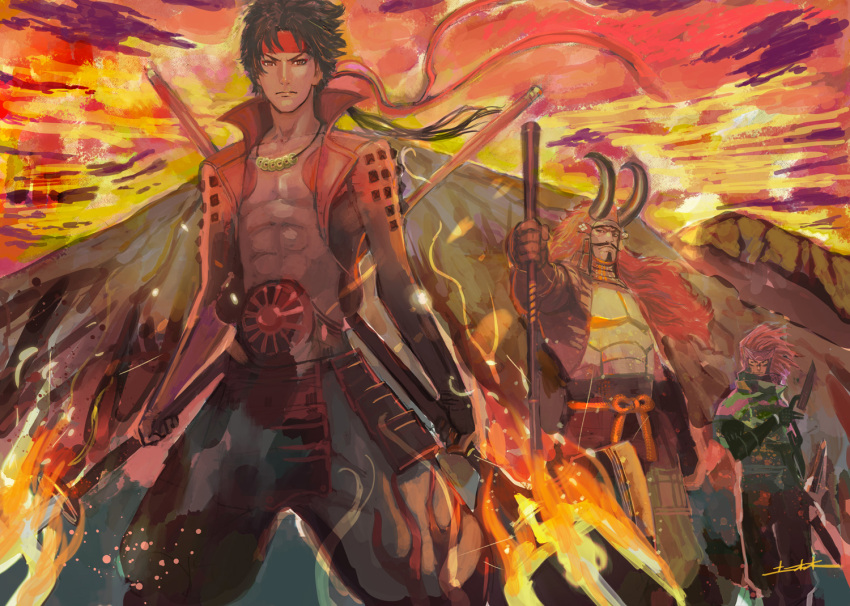 3boys armor brown_eyes brown_hair dual_wielding facial_hair fire goatee headband holding holding_polearm holding_weapon japanese_armor long_hair low_ponytail male_focus medium_hair mountain multiple_boys mustache ninja no_shirt polearm ponytail red_headband sanada_yukimura_(sengoku_basara) sarutobi_sasuke_(sengoku_basara) sengoku_basara serious solo_focus spear takeda_shingen_(sengoku_basara) tsuchibayashi_makoto weapon
