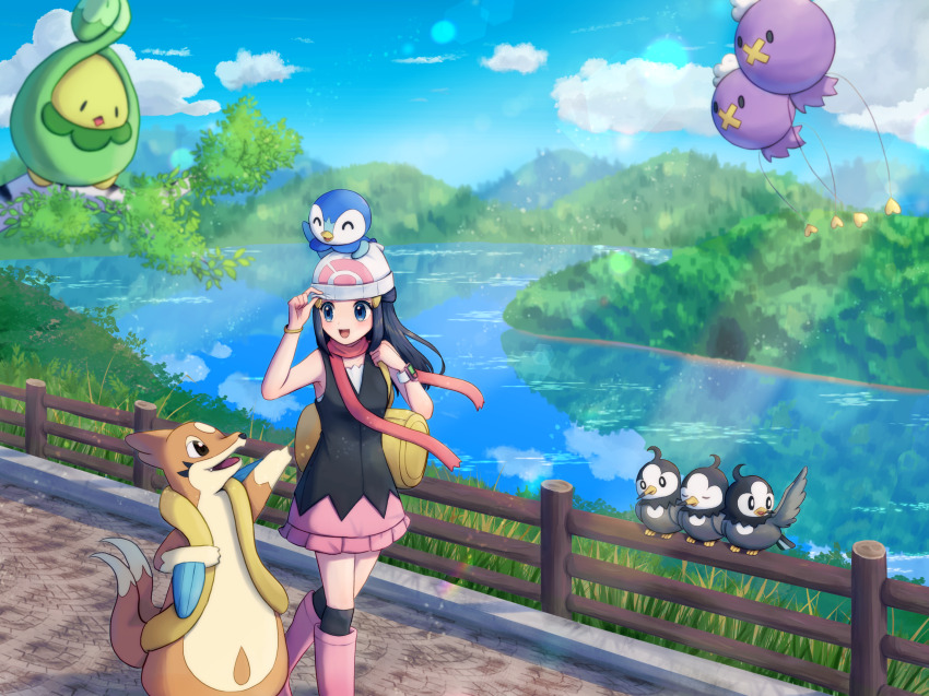 1girl :d bag beanie bird black_hair black_shirt blue_eyes boots budew buizel cloud commentary_request dawn_(pokemon) day drifloon duffel_bag ebi-chan_(tvyd2583) fence floatzel gen_4_pokemon grass hat highres long_hair nintendo on_head open_mouth outdoors over-kneehighs pink_boots pink_skirt piplup pokemon pokemon_(creature) pokemon_dppt pokemon_on_head reflection shirt skirt sky sleeveless sleeveless_shirt smile standing starly thighhighs walking water white_hat yellow_bag