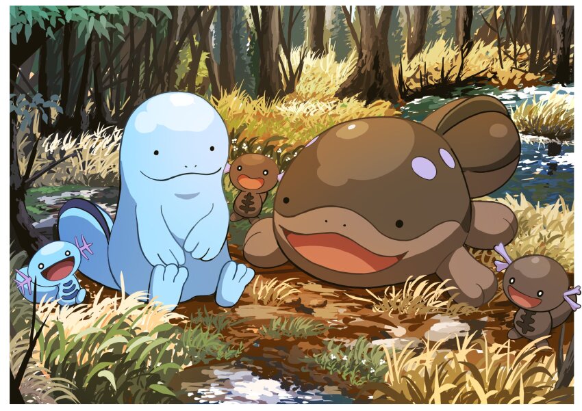 border clodsire closed_mouth commentary_request creatures_(company) day forest game_freak gen_2_pokemon grass hazikamiio highres nature nintendo no_humans open_mouth outdoors paldean_wooper pokemon pokemon_(creature) quagsire sitting solid_circle_eyes tree water white_border wooper
