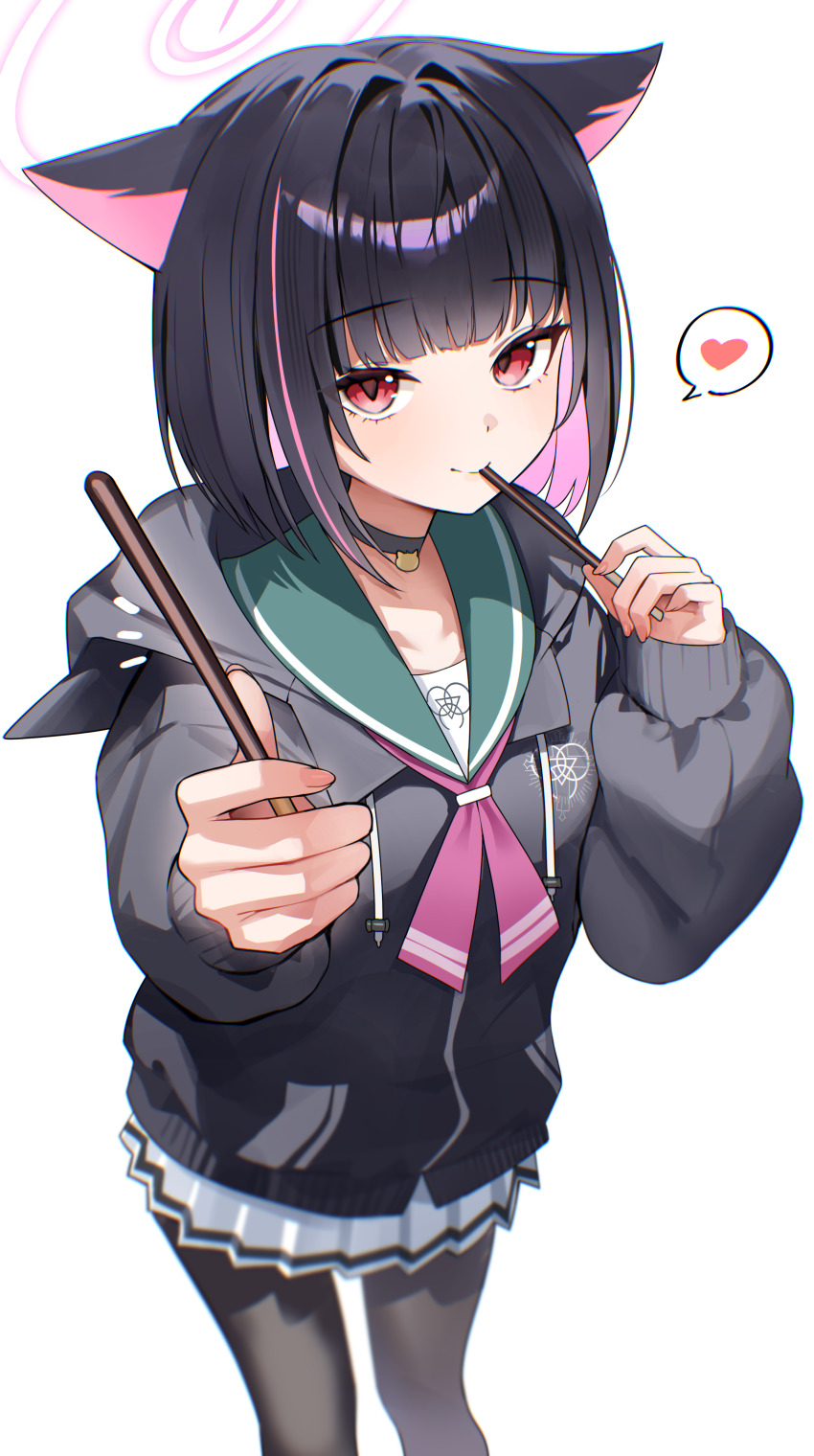 1girl absurdres animal_ears black_hair blue_archive cat_ears choker colored_inner_hair commentary_request food halo heart highres holding hood kazusa_(blue_archive) looking_at_viewer mashilemo multicolored_hair pantyhose pink_hair pocky red_eyes simple_background skirt solo spoken_heart white_background
