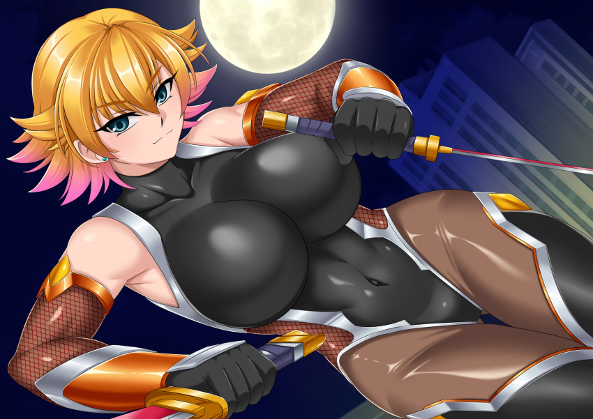 1girl armpit_crease bare_shoulders black_gloves black_leotard black_thighhighs blonde_hair blue_eyes bodysuit breasts brown_pantyhose closed_mouth commentary_request covered_collarbone covered_navel cowboy_shot dual_wielding dutch_angle elbow_gloves fishnet_sleeves fishnets flipped_hair gloves gradient_hair hair_between_eyes highres holding holding_sword holding_weapon igawa_sakura impossible_bodysuit impossible_clothes impossible_leotard large_breasts latex latex_leotard leotard light_smile looking_at_viewer multicolored_hair night ninja outdoors paid_reward_available pantyhose pink_hair reverse_grip short_hair short_sword sidelocks skin_tight solo standing sword taimanin_(series) taimanin_asagi taimanin_suit tantou thighhighs two-tone_hair wavelevel5 weapon