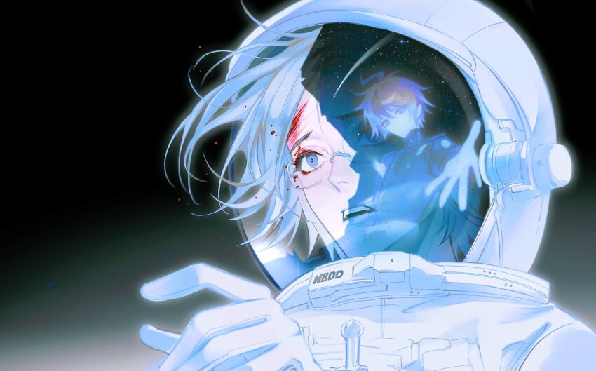 2boys aotsuki_eito blood blood_on_face blue_eyes broken_helmet commentary english_commentary glasses gloves helmet highres last_defense_academy_school_uniform male_focus multicolored_hair multiple_boys open_hand open_mouth outstretched_arms reflection ropi_(gmkr_66) school_uniform shooting_star simple_background space_helmet spacesuit star_(sky) streaked_hair sumino_takumi the_hundred_line_-last_defense_academy- upper_body white_gloves