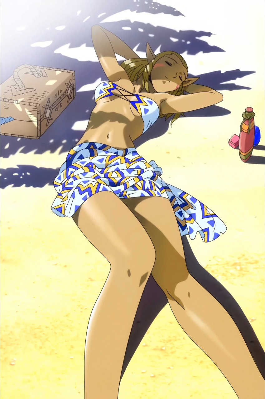 bikini blonde_hair breasts bromide closed_eyes facial_mark highres jessica_de_alkirk lunar lunar:_the_silver_star lying official_art on_back picnic_basket pointy_ears sand swimsuit tanned_body