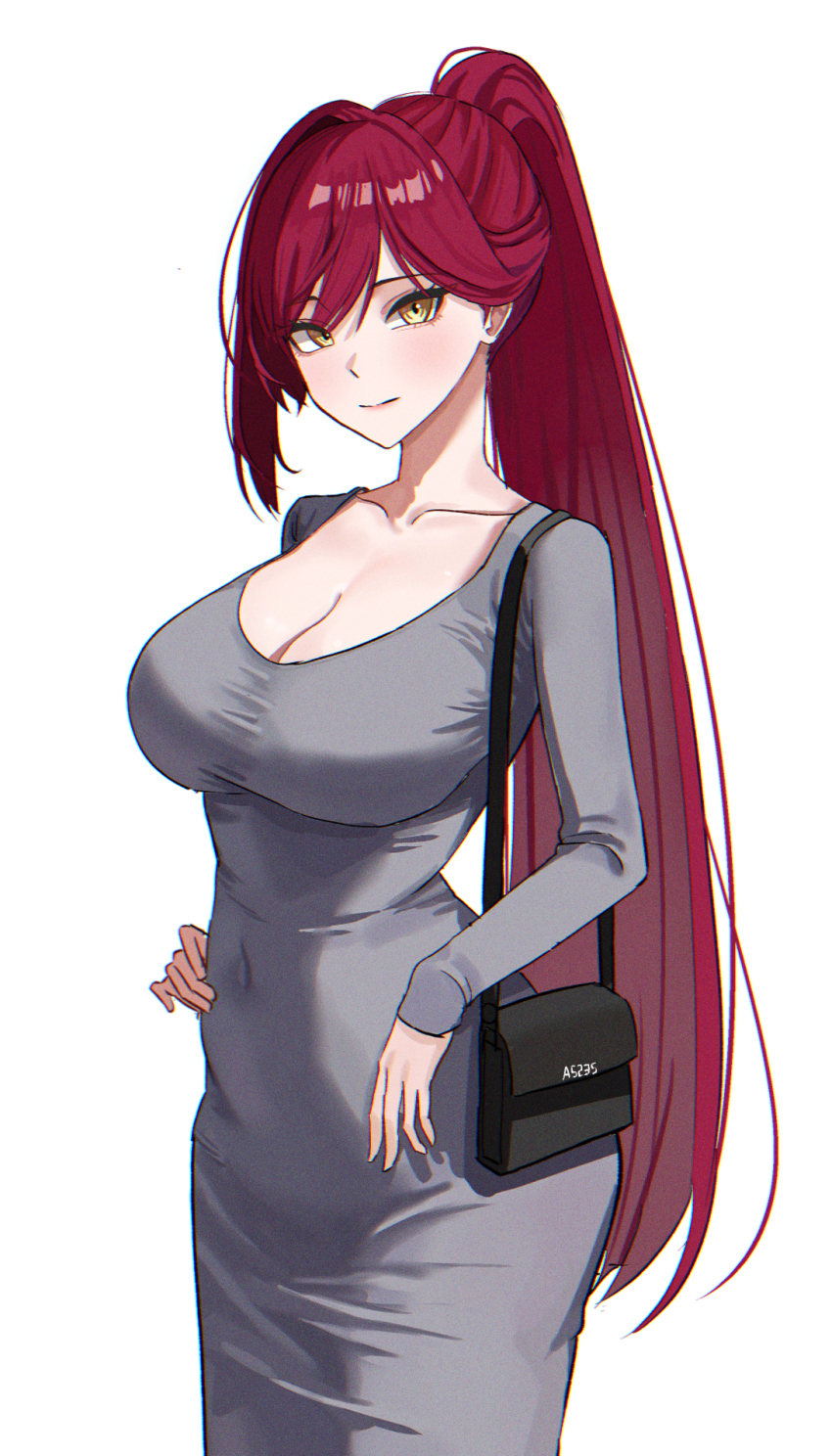 1girl a5235 bag breasts castle_knight_charlotte cleavage dongtan_dress dress grey_dress hand_on_own_hip handbag high_ponytail highres meme_attire ponytail red_hair simple_background single_hair_intake smile standing virtual_youtuber waktaverse white_background