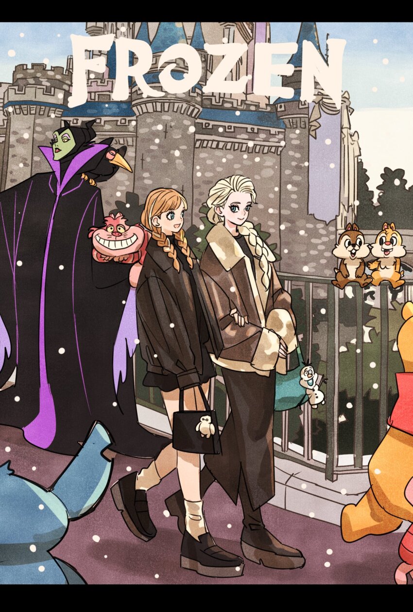 3girls alice&#039;s_adventures_in_wonderland animal anna_(frozen) baymax big_hero_6 bird blonde_hair blue_eyes braided_twintails brown_hair castle cat cheshire_cat_(alice_in_wonderland) chip_&#039;n_dale_rescue_rangers chip_(disney) colored_skin commentary_request copyright_name crow dale_(disney) diablo_(disney) elsa_(frozen) frozen_(disney) fur-trimmed_jacket fur_trim green_skin highres horns jacket letterboxed lilo_&amp;_stitch maleficent mickey_mouse_&amp;_friends multiple_girls olaf_(frozen) piglet_(winnie_the_pooh) siblings side_ponytail sisters sleeping_beauty_(disney) smile snowing socks stitch_(lilo_&amp;_stitch) takeuchi_ryousuke talking winnie_the_pooh