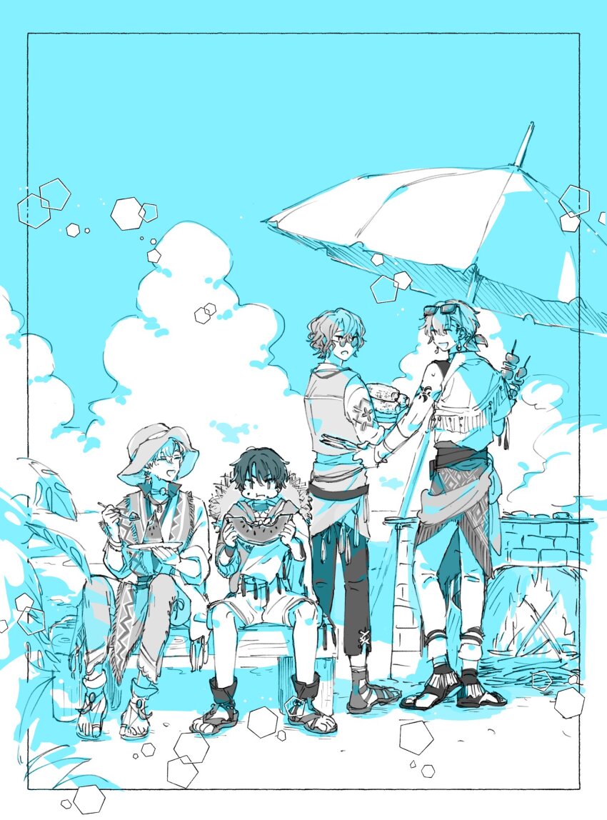 4boys ahogemarico beach choker cloud collared_shirt corn earrings eating eyewear_on_head faust_lavinia food food_on_face fork fruit grill hat heathcliff_blanchett highres holding holding_fork jewelry limited_palette long_sleeves mahoutsukai_no_yakusoku mole mole_under_eye multiple_boys nero_turner ponytail round_eyewear sandals shino_sherwood shirt shish_kebab short_hair sleeveless sleeveless_shirt smoke straw_hat sun_hat sunglasses sweat umbrella watermelon watermelon_slice