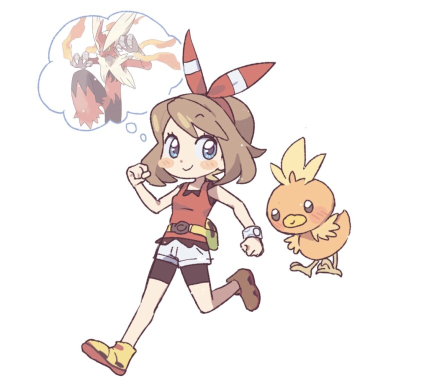 1brad 1girl bike_shorts blaziken blue_eyes blush_stickers bow_hairband bracelet brown_hair clenched_hands closed_mouth commentary_request eyelashes gen_3_pokemon hairband highres jewelry korean_commentary may_(pokemon) medium_hair mega_blaziken mega_pokemon nintendo pokemon pokemon_(creature) pokemon_oras red_hairband red_shirt shirt shoes shorts sleeveless sleeveless_shirt smile speech_bubble thought_bubble torchic white_background white_shorts yellow_shoes