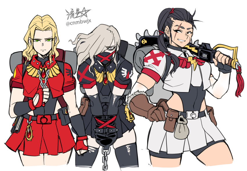 3girls adeptus_astartes asymmetrical_gloves backpack bag bike_shorts_under_skirt black_eyes black_hair black_thighhighs blonde_hair blood_angels bound bound_wrists breasts brown_gloves chain chain_necklace chainsword commentary covered_erect_nipples facial_scar fingerless_gloves genderswap genderswap_(mtf) gloves green_eyes grey_hair grin hair_over_one_eye hair_over_shoulder hand_on_own_hip highleg highleg_leotard holding holding_weapon jewelry leotard leotard_under_clothes mask medium_breasts miniskirt mouth_mask multiple_girls necklace outside_border pleated_skirt ponytail pouch red_gloves ryuusei_(mark_ii) scar scar_across_eye scar_on_cheek scar_on_face short_sleeves single_fingerless_glove skirt smile thighhighs torn_clothes torn_thighhighs warhammer_40k weapon white_scars zettai_ryouiki