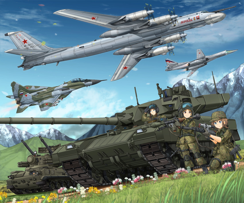 2k22_tunguska 2others 3girls adjusting_goggles aircraft airplane anti-aircraft anti-aircraft_gun assault_rifle black_gloves black_headwear blonde_hair blue_eyes blue_sky bomber brown_eyes brown_hair bullpup camouflage camouflage_headwear camouflage_jacket camouflage_pants carrying closed_mouth cloud cloudy_sky commentary_request cyrillic day dragunov_svu dutch_angle emr_camouflage field_cap fighter_jet flower frown gloves goggles goggles_on_headwear grass green_headwear green_jacket green_pants grey_gloves grey_headwear gun harness helmet highres holding holding_gun holding_weapon jacket knee_pads long_sleeves looking_at_another medium_hair mig-29 mikeran_(mikelan) military military_combat_uniform military_uniform military_vehicle motion_blur motor_vehicle mountain multiple_girls multiple_others on_one_knee original outdoors pants pointing ponytail pp-91_kedr revision rifle rocket_launcher roundel rpg rpg-7 rpg_(weapon) russia russian_ground_forces russian_text scope short_hair short_ponytail sky sleeves_rolled_up smile sniper_rifle standing star_(symbol) submachine_gun suppressor sweatdrop t-14_armata tank tank_helmet thigh_strap tu-160 tu-95 vehicle_focus weapon