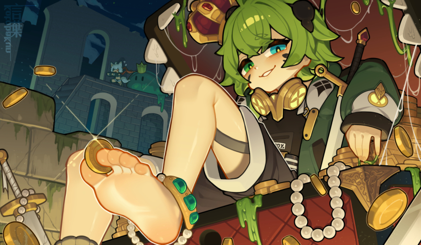 2girls barefoot between_toes blue_eyes chinese_commentary coin feet green_eyes green_hair grin jewelry kotoba_(1074421015) multiple_girls parted_lips smile soles solo_focus sword toes treasure_chest weapon