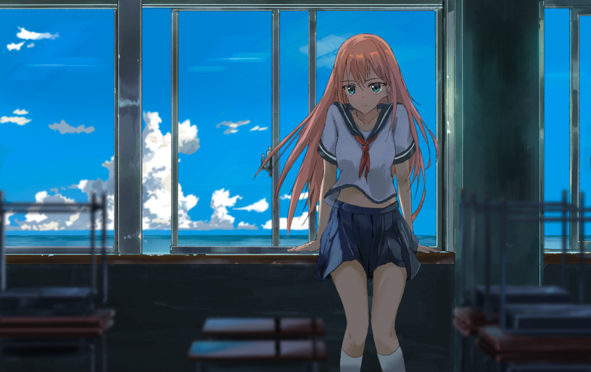 1girl aqua_eyes blue_skirt blue_sky blurry blurry_foreground classroom cloud commentary_request feet_out_of_frame floating_clothes floating_hair grey_shirt hair_between_eyes highres kneehighs leaning_back leaning_on_object long_bangs long_hair looking_at_viewer midriff_peek miniskirt navel open_window orange_hair original pleated_skirt qdsn sailor_collar school_uniform serafuku shirt short_sleeves skirt sky socks solo straight_hair summer summer_uniform white_socks wind window