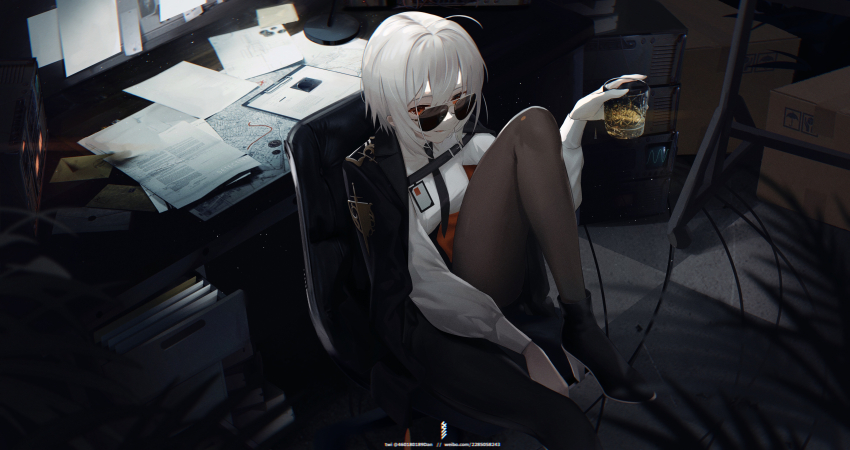 1girl absurdres ahoge alcohol aviator_sunglasses between_legs black_coat black_footwear black_necktie black_pantyhose blurry blurry_foreground box cabinet cardboard_box chair checkered_floor chromatic_aberration clipboard coat coat_on_shoulders commentary cup envelope feet_out_of_frame hand_between_legs high_heels highres holding holding_cup igawa_hikaru indoors leg_up lens_flare light_particles long_sleeves looking_at_viewer map necktie orange_eyes original oscilloscope pantyhose parted_lips plant shirt short_hair sidelocks sitting solo sunglasses table tinted_eyewear twitter_username white_hair white_shirt