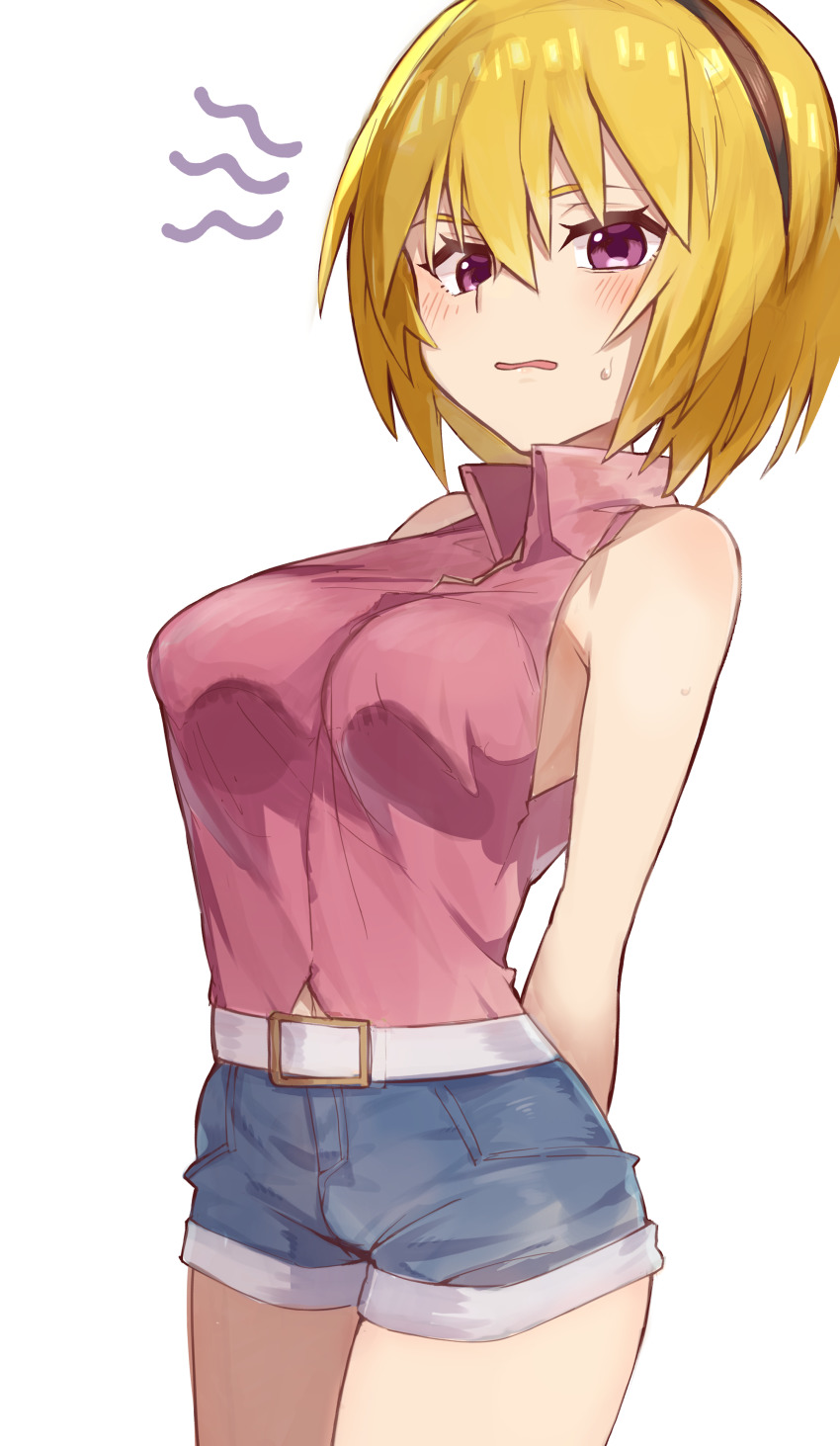 1girl absurdres bare_shoulders black_hairband blonde_hair blush breasts collared_shirt hair_between_eyes hairband highres higurashi_no_naku_koro_ni hiragi_sage houjou_satoko large_breasts looking_at_viewer no_bra open_mouth pink_eyes pink_shirt shirt short_hair short_shorts shorts simple_background sleeveless solo white_background