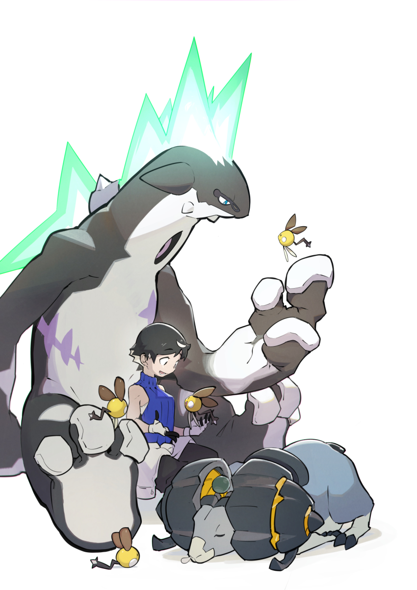 1girl :d absurdres black_gloves black_hair character_request doodlerush fingerless_gloves french_commentary from_side gloves highres layered_gloves nintendo open_mouth pokemon pokemon_(creature) simple_background sitting smile white_background white_gloves
