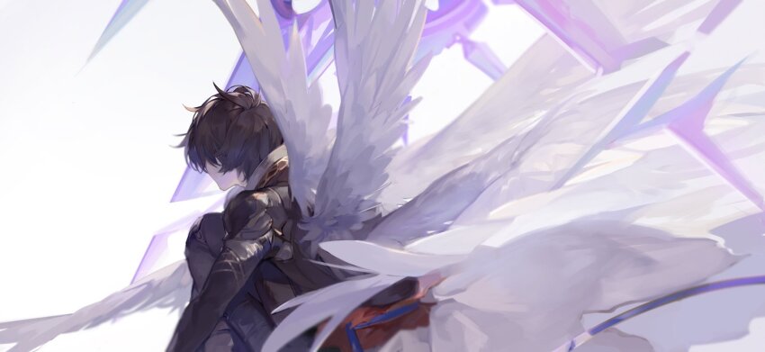 1boy ahoge armor brown_hair cape energy_sword feathered_wings from_behind granblue_fantasy hair_between_eyes hood kneeling knees_to_chest male_focus messy_hair multiple_wings nineo profile sandalphon_(granblue_fantasy) short_hair shoulder_armor solo sword weapon white_background white_cape white_wings wings