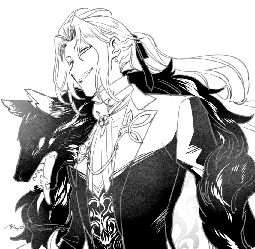 1boy animal_ears bishounen costume_request fate/grand_order fate_(series) feather_boa from_side greyscale highres long_hair looking_at_viewer male_focus monochrome official_alternate_costume ponytail rapizuri smile very_long_hair white_background wolf wolf_ears wolfgang_amadeus_mozart_(fate) wolfgang_amadeus_mozart_(formal_dress)_(fate)