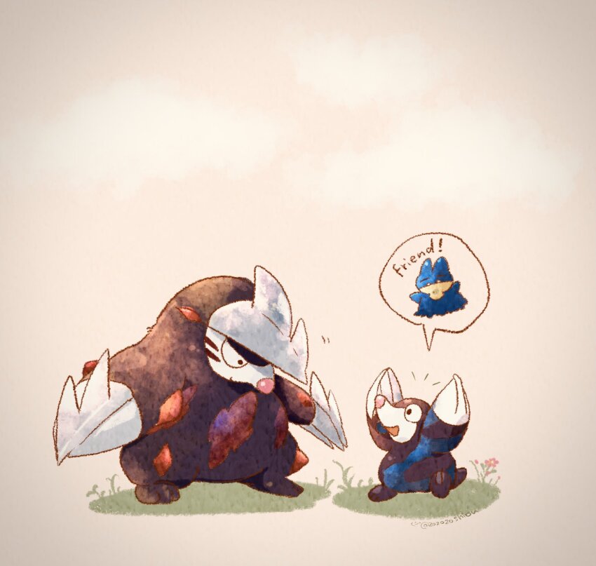 animal_focus arms_up artist_name claws commentary_request dark_skin drilbur english_text evolutionary_line excadrill gen_4_pokemon gen_5_pokemon highres mole_(animal) munchlax nintendo no_humans on_grass open_mouth pokemon pokemon_(creature) simple_background snout speech_bubble twitter_username white_background zozozoshion