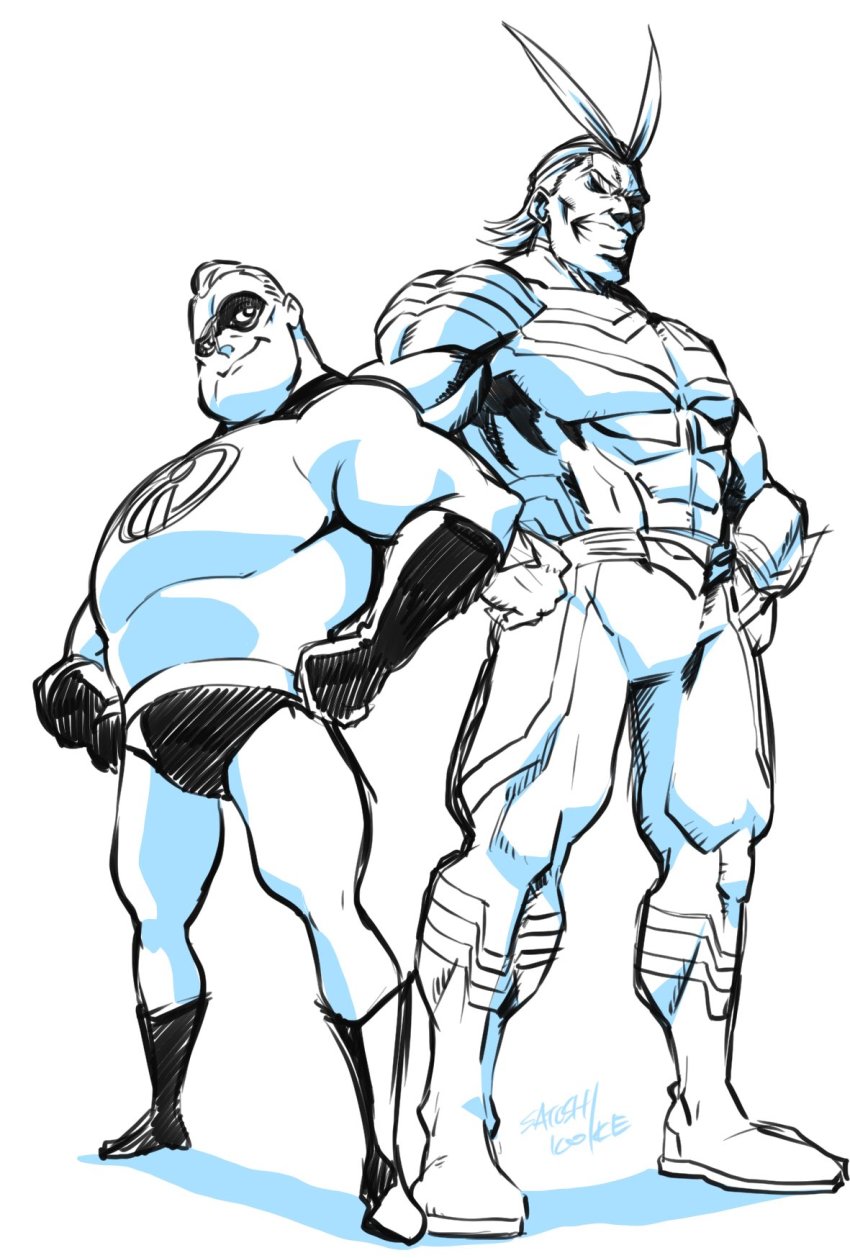 10s 2boys abs all_might antenna_hair bob_parr bodysuit boku_no_hero_academia boots closed_mouth crossover domino_mask full_body gloves grin hands_on_own_hips height_difference highres koike_satoshi looking_at_viewer male_focus mask mr._incredible multiple_boys muscular shaded_face simple_background sketch smile standing superhero_costume teeth the_incredibles trait_connection white_background yagi_toshinori