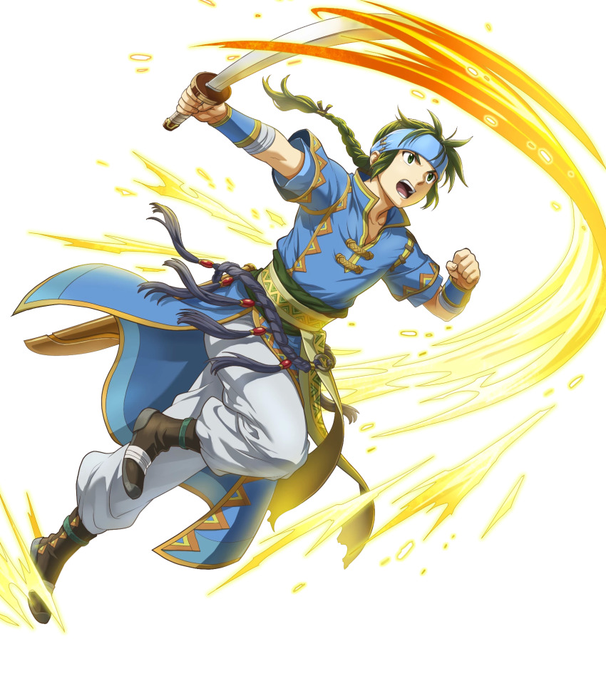 1boy belt boots braid clenched_hand fire_emblem fire_emblem:_the_blazing_blade fire_emblem_heroes full_body gold_trim green_eyes green_hair guy_(fire_emblem) headband highres holding holding_sword holding_weapon indesign leg_up long_hair looking_away male_focus nintendo non-web_source noots official_art pants pelvic_curtain short_sleeves single_braid slashing solo sword transparent_background weapon