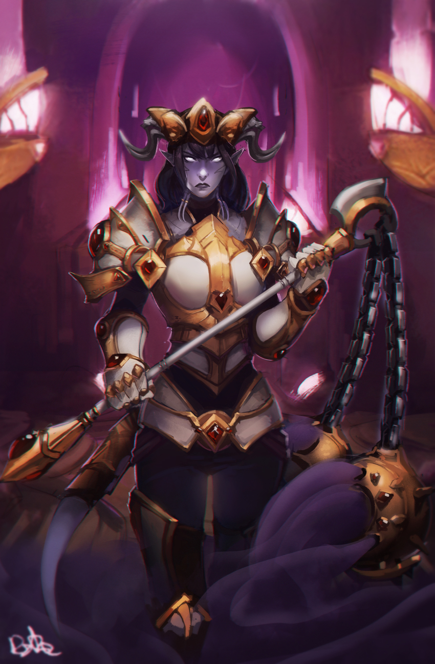 1girl armor player_character_(wow) ball_and_chain_(weapon) breastplate closed_mouth colored_skin distr draenei flail gauntlets highres holding holding_weapon horn_ornament horns looking_at_viewer paladin_(warcraft) pauldrons pointy_ears purple_skin shoulder_armor solo spiked_ball_and_chain standing warcraft weapon white_eyes world_of_warcraft