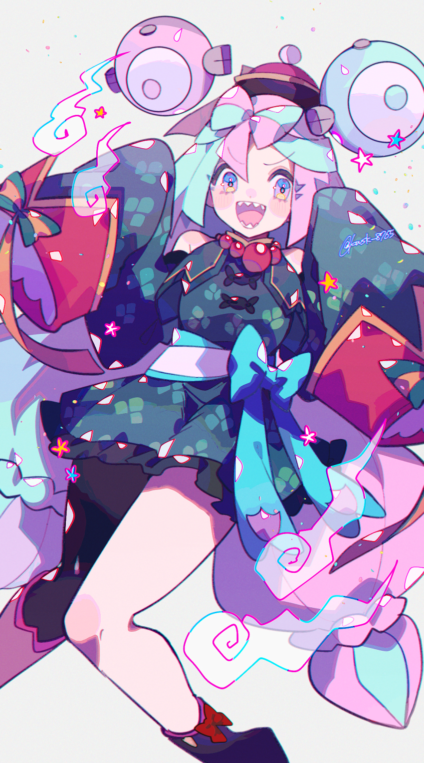 1girl bead_necklace beads highres iono_(fall_2024)_(pokemon) iono_(pokemon) jewelry jiangshi_costume kawasaki_(kwsk_8765) multicolored_hair necklace nintendo official_alternate_costume pokemon pokemon_masters_ex sleeves_past_fingers sleeves_past_wrists solo split-color_hair teeth