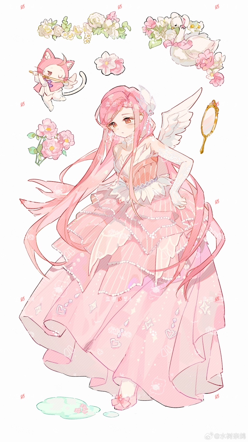 1girl absurdres ahoge animal bare_shoulders bird bird_wings bow bowtie bridal_gauntlets brown_eyes cat cloak clothed_animal commission dot_nose downturned_eyes dress ear_covers expressionless eyelashes fairytale_swan_(infinity_nikki) feather-trimmed_dress feather_hair_ornament feathered_wings feathers flower flute footwear_bow full_body gown hair_flower hair_ornament hand_mirror high_heels highres holding holding_flute holding_instrument hood hood_up hooded_cloak huaning_haoxiao_ning infinity_nikki instrument lace_bridal_gauntlets light_blush long_dress long_hair looking_at_object mirror momo_(nikki) music nikki_(nikki) nikki_(series) parted_lips pink_bow pink_clouds pink_dress pink_flower pink_hair pink_shoes playing_instrument puddle purple_bow purple_bowtie sample_watermark second-party_source see-through_bridal_gauntlets shoes sidelocks simple_background single_wing standing straight_hair strapless strapless_dress swan very_long_hair watermark watermark_grid weibo_watermark white_background white_bridal_gauntlets white_cat white_flower white_wings wings