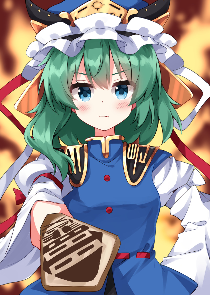 1girl blue_dress blue_eyes blue_hat blue_vest blush commentary_request dress frilled_hat frills green_hair hair_ribbon hand_on_own_hip hat highres holding long_sleeves looking_at_viewer parted_lips red_ribbon ribbon rod_of_remorse ruu_(tksymkw) shiki_eiki shirt short_hair solo touhou upper_body v-shaped_eyebrows vest yellow_background