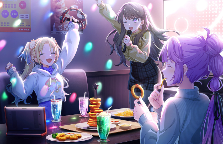 3girls ;d ^_^ ahoge anyoji_hime anyoji_hime_(winter_casual) arm_up black_pantyhose black_ribbon black_skirt blonde_hair blue_hair blunt_bangs blush brown_hair brown_sweater casual closed_eyes closed_mouth croquette cup dress drinking_glass eating fang flower food french_fries frilled_sweater fujishima_megumi fujishima_megumi_(winter_casual) game_cg gradient_hair hair_flower hair_ornament hair_ribbon highres holding holding_food holding_microphone hood hoodie ice_cream ice_cream_float indoors instrument karaoke karaoke_box ketchup leaning_forward link!_like!_love_live! lone_nape_hair long_hair long_sleeves love_live! mayonnaise microphone miniskirt mira-cra_park! multi-tied_hair multicolored_hair multiple_girls official_alternate_costume official_art one_eye_closed onion_rings open_mouth osawa_rurino osawa_rurino_(winter_casual) pantyhose parted_bangs pencil_skirt pink_flower pink_hair pinstripe_sweater plaid_clothes plaid_skirt ponytail purple_dress purple_eyes purple_sweater ribbon sidelocks skirt sleeves_past_wrists smile soda star_(symbol) strobe_lights sweater sweater_dress swept_bangs table tambourine third-party_source turtleneck turtleneck_sweater twintails two_side_up very_long_hair virtual_youtuber white_hoodie