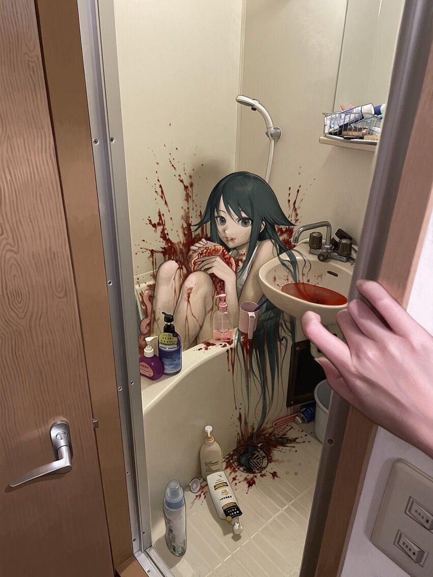 1girl 1other bathroom bathtub blood blood_on_clothes blood_on_face blood_on_leg blood_splatter cannibalism dress green_eyes green_hair highres huli_xiaobai intestines long_hair looking_at_viewer saya_(saya_no_uta) saya_no_uta sink sitting white_dress
