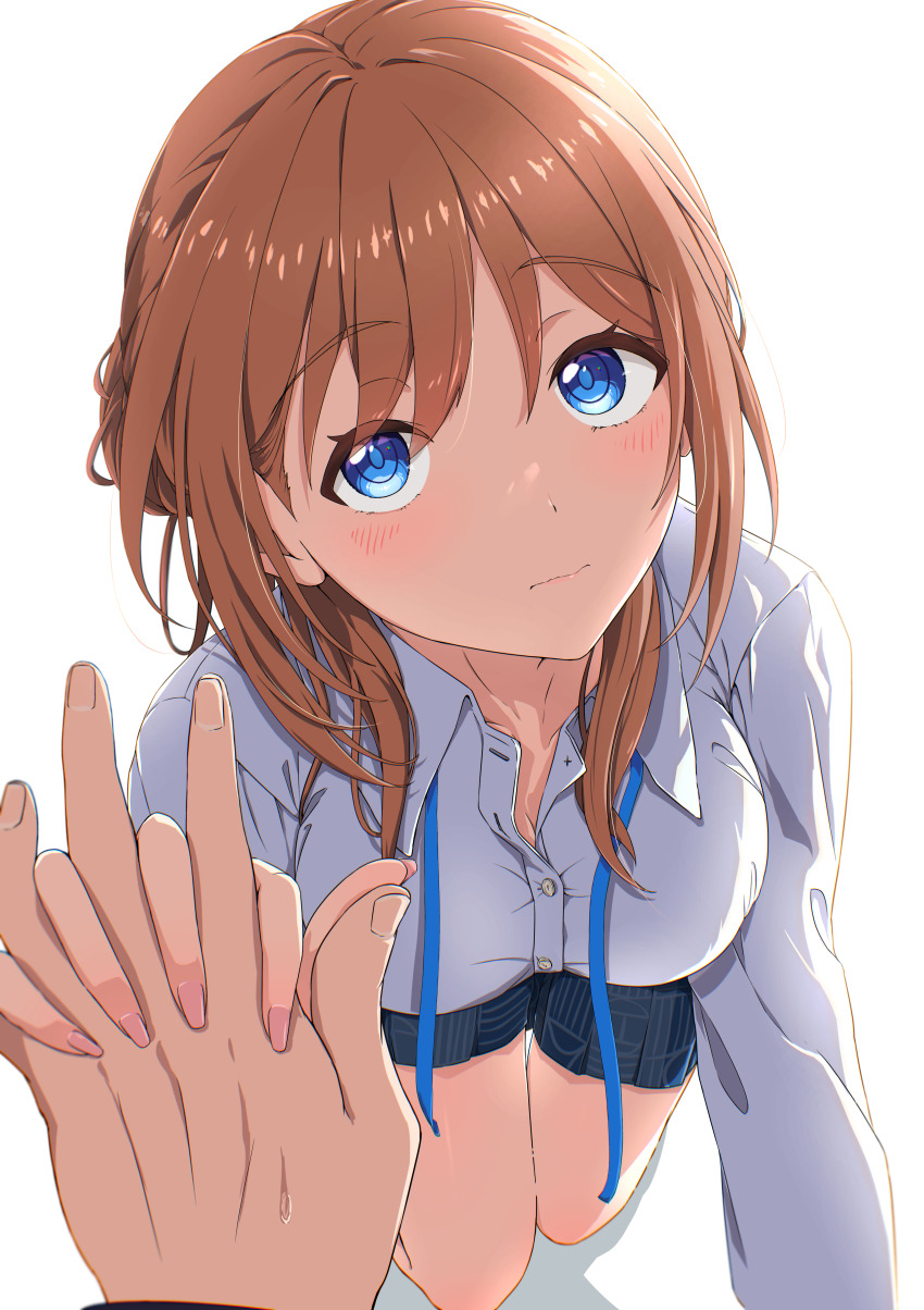1boy 1girl absurdres all_fours bare_legs blue_eyes blush breasts brown_hair cleavage commentary_request fingernails gakuen_idolmaster hand_grab hetero highres himesaki_rinami idolmaster interlocked_fingers looking_at_viewer medium_breasts neck_ribbon nokino_shida open_collar pleated_skirt pov pov_hands ribbon shirt simple_background skirt undone_neck_ribbon white_background white_shirt