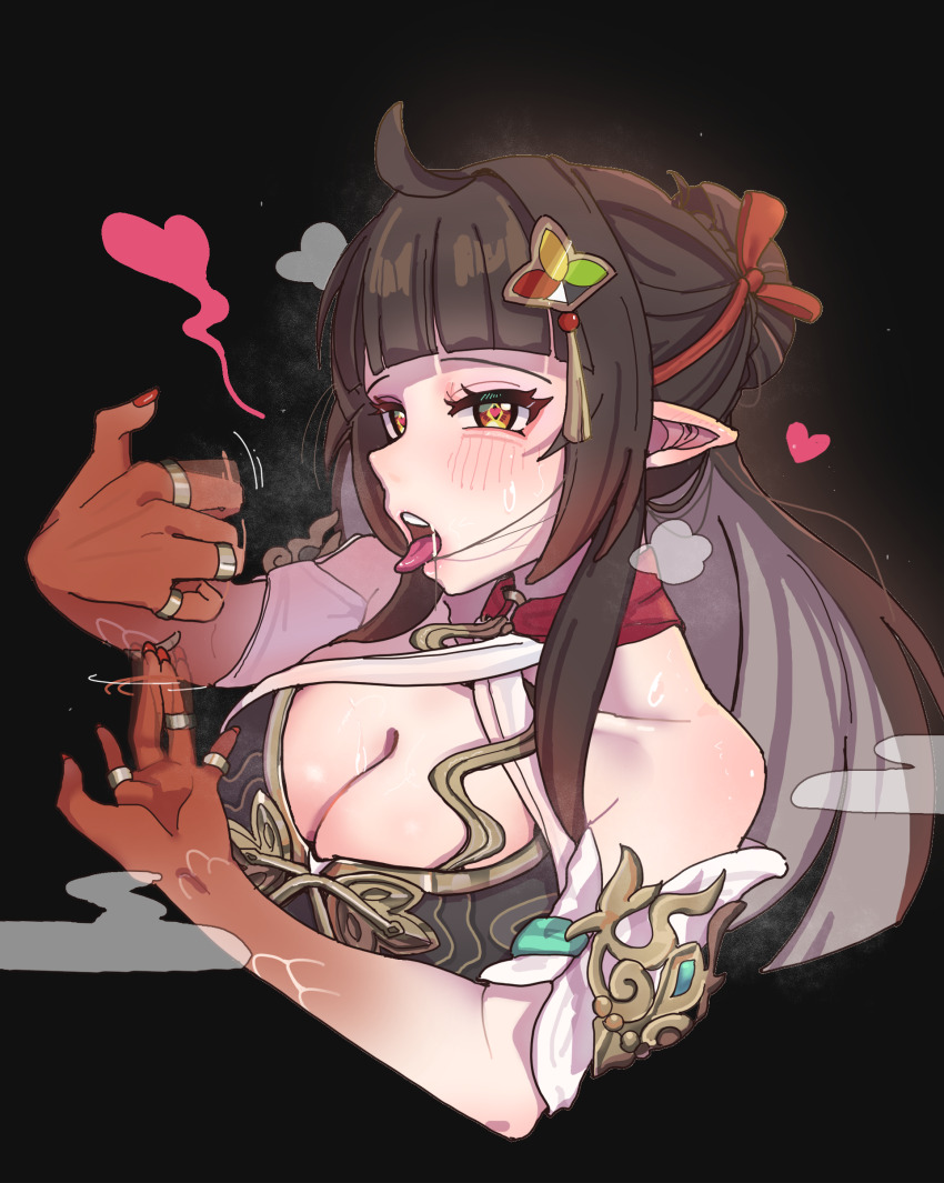 1girl absurdres ahoge blunt_bangs blush breasts brown_hair cleavage colored_extremities diamond-shaped_pupils diamond_(shape) fingering_gesture handjob_gesture heart heart-shaped_pupils highres honkai:_star_rail honkai_(series) june_(z50215z) large_breasts lingsha_(honkai:_star_rail) long_hair open_mouth pointy_ears red_hands red_nails saliva saliva_trail solo sweat symbol-shaped_pupils tongue tongue_out
