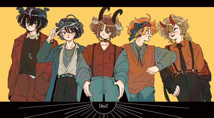 18trip 5boys absurdres ahoge black_border black_hair black_horns black_necktie black_pants blue_jacket blue_pants blue_shirt border brown_hair chokki_01 hair_ornament hat highres holding holding_unworn_clothes holding_unworn_hat horns isotake_akuta jacket kaguya_muneuji kinugawa_kiroku kurama_ushio long_hair looking_at_another low_ponytail multicolored_hair multiple_boys nanamegi_nanaki necktie orange_hair orange_shirt orange_vest pants ponytail red_horns shark_hair_ornament sharp_teeth shirt streaked_hair teeth unworn_hat unworn_headwear vest visor_cap