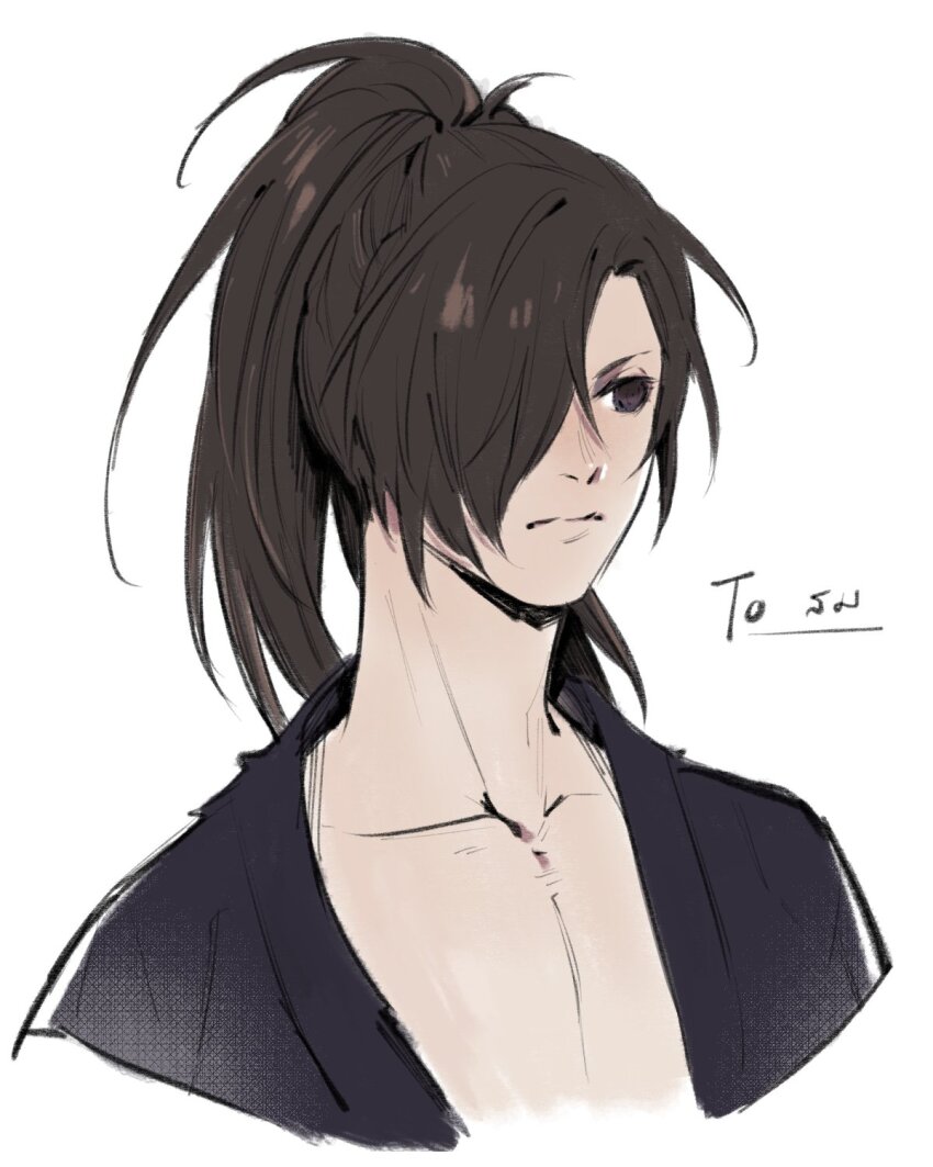 1boy black_kimono brown_eyes brown_hair closed_mouth commentary_request dororo_(tezuka) hair_over_one_eye highres hyakkimaru_(dororo) japanese_clothes kimono looking_to_the_side male_focus ponytail rami_rz simple_background solo thai_commentary upper_body white_background