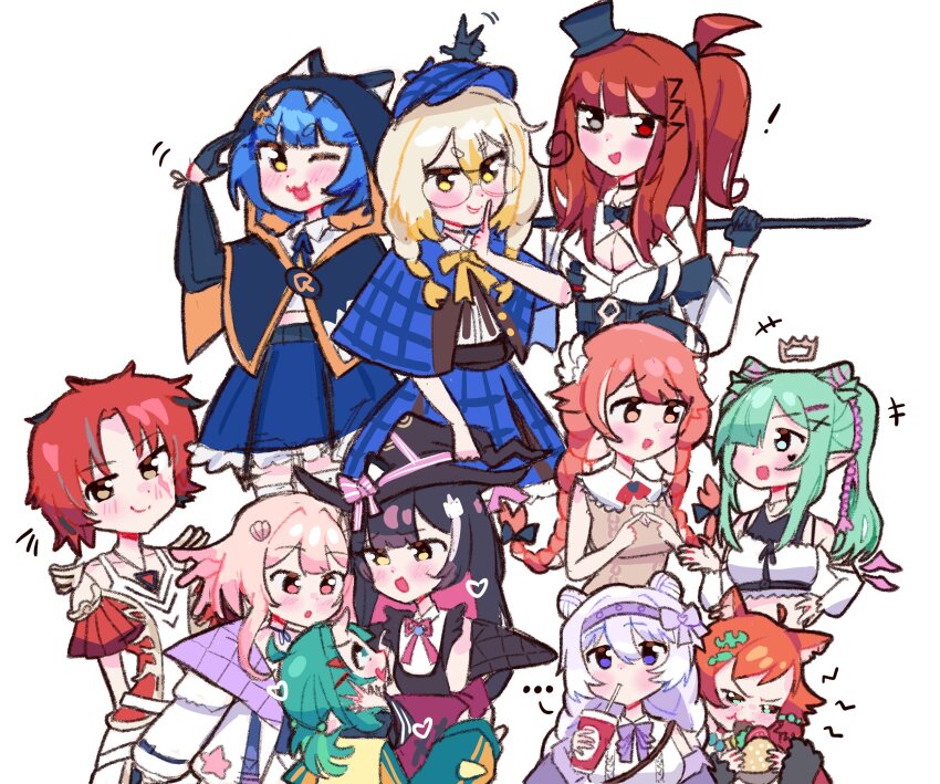 ! ... 6+girls airi_viridis animal_ears animal_hood black_gloves blaise_shinryu blonde_hair blue_capelet blue_hat blue_skirt blush burger capelet checkered_capelet checkered_clothes checkered_skirt chibi chio_chompi cup daiya_fortuna double_bun drinking eating eien_project elia_stellaria finger_to_mouth food gloves green_hair hair_bun hair_over_one_eye hat heart heterochromia highres holding holding_burger holding_cup holding_food hood idol_corp indie_virtual_youtuber kanna_yanagi long_hair lottie_shinju medium_hair mozumi_pichi multicolored_hair multiple_girls pillowdear pillowdear_(1st_costume) pixellink poko_rakun poko_rakun_(artist) purple_ribbon raki_kazuki red_eyes red_hair ribbon short_hair shushing simple_background sketch skirt tilted_headwear top_hat v-dere virtual_youtuber white_background white_hair witch_hat yellow_eyes