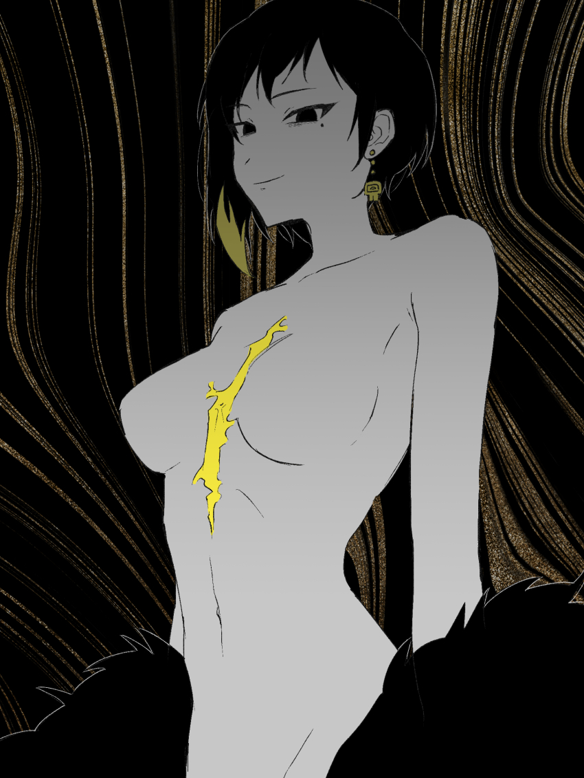 1girl abstract_background binah_(project_moon) blonde_hair breasts closed_mouth cowboy_shot earrings greyscale highres jewelry kitaku_(ienikaeru) lobotomy_corporation looking_at_viewer medium_breasts monochrome multicolored_hair project_moon scar scar_on_chest short_hair single_earring smile solo spot_color streaked_hair