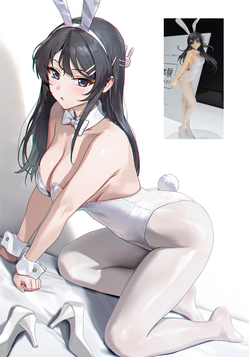 1girl absurdres amiki_yuzuru animal_ears armpit_crease black_hair blue_eyes blush breasts cleavage figure formal_clothes hair_between_eyes hair_ornament hairclip high_heels highres large_breasts leaning_forward leotard long_hair on_bed playboy_bunny rabbit_ears rabbit_hair_ornament rabbit_tail sakurajima_mai seishun_buta_yarou suit tail white_background white_suit white_wrist_cuffs wrist_cuffs
