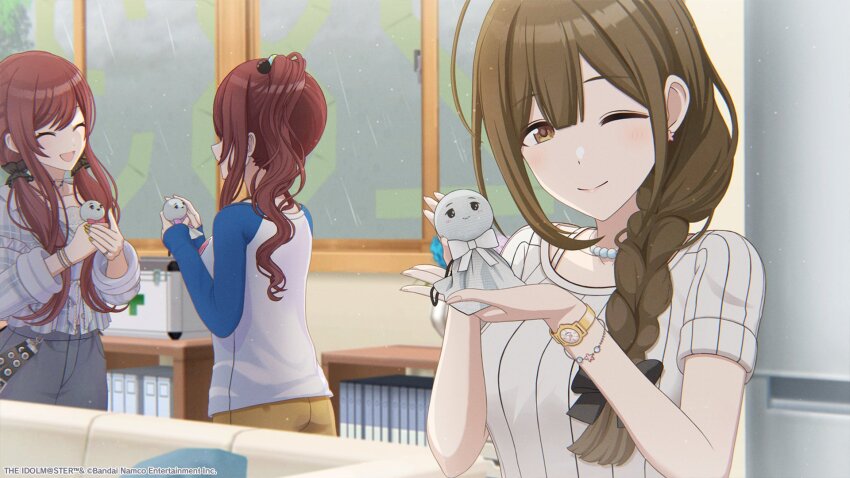 3girls ahoge alstroemeria_(idolmaster) black_choker blush braid braided_ponytail breasts brown_eyes brown_hair brown_shorts character_doll choker closed_eyes closed_mouth denim denim_skirt doll hair_over_shoulder heart heart_choker highres holding huge_ahoge idolmaster idolmaster_shiny_colors indoors jewelry kuwayama_chiyuki large_breasts long_braid long_hair long_sleeves looking_at_viewer low_twintails multiple_girls necklace official_alternate_costume official_alternate_hairstyle official_art one_eye_closed open_mouth osaki_amana osaki_tenka plaid_clothes plaid_shirt raglan_sleeves rain red_hair shirt shorts siblings side_ponytail single_braid sisters skirt smile swept_bangs teruterubouzu twins twintails watch window wristwatch