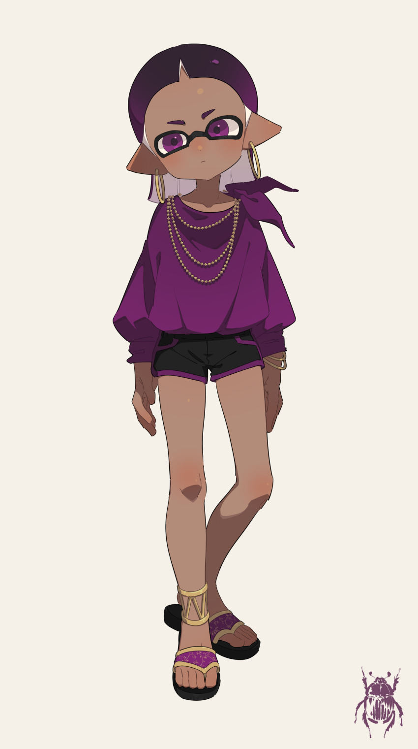 1girl absurdres arms_at_sides black_hair black_shorts bracelet closed_mouth commentary_request dark-skinned_female dark_skin dolphin_shorts earrings expressionless full_body gradient_hair highres hoop_earrings inkling inkling_girl inkling_player_character jewelry long_sleeves medium_hair multicolored_hair necklace nintendo pointy_ears purple_eyes purple_hair purple_shirt sandals shirt shirt_tucked_in shorts solo splatoon_(series) standing surume01417 tentacle_hair two-tone_hair white_background