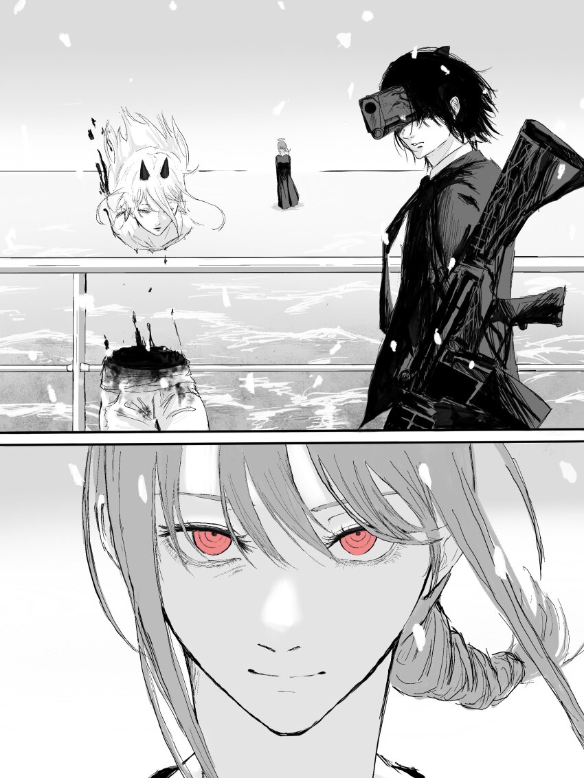 1boy 2girls absurdres blood braid chainsaw_man closed_mouth demon_girl demon_horns dress formal_clothes greyscale gun gun_devil_(chainsaw_man) gun_fiend_(chainsaw_man) halo hayakawa_aki highres horns jacket makima_(chainsaw_man) monochrome multiple_girls nabe92213 power_(chainsaw_man) red_eyes rifle ringed_eyes single_braid spot_color suit suit_jacket weapon