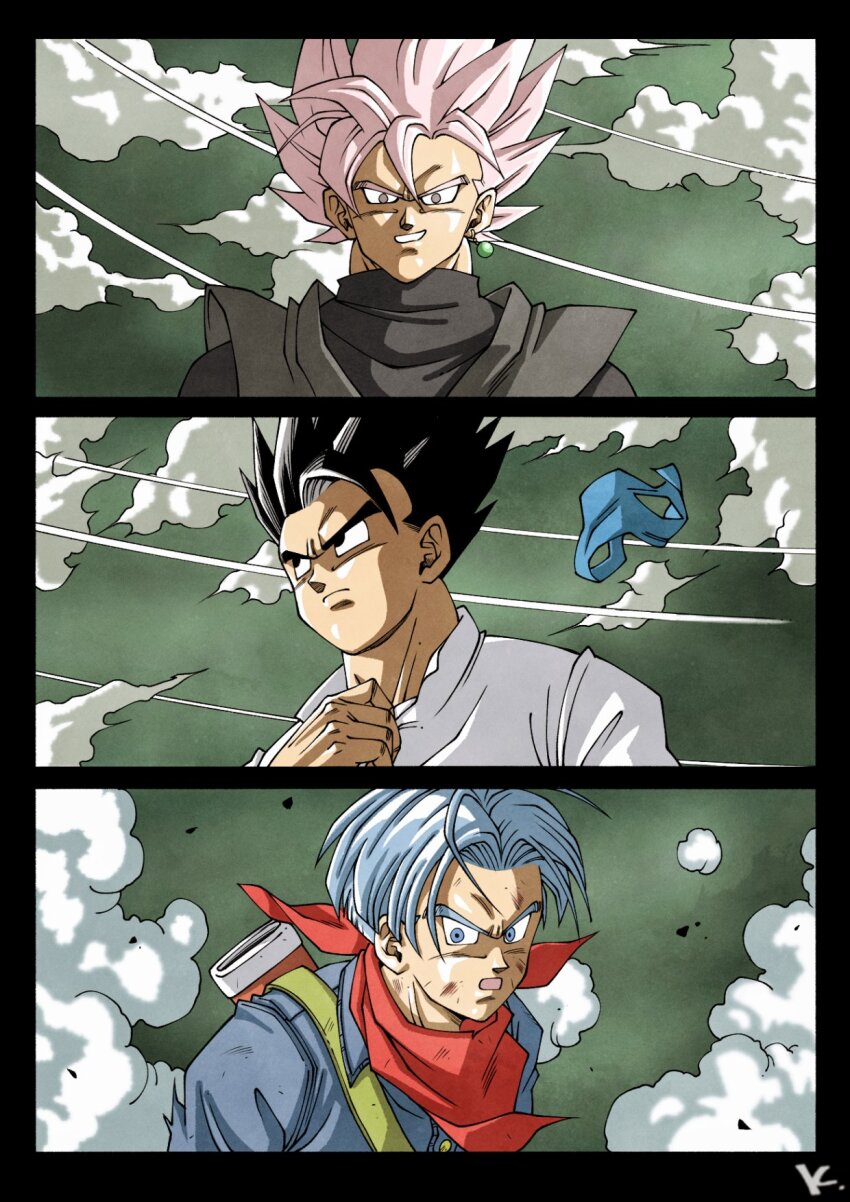 3boys bandana bandana_around_neck black_eyes black_hair black_shirt blue_eyes blue_hair blue_vest commentary_request dragon_ball dragon_ball_super dust earrings goku_black grey_tunic highres jewelry kakeru_(dbskakeru) male_focus multiple_boys pink_eyes pink_hair potara_earrings potential_unleashed red_bandana sheath shirt single_bang single_earring son_gohan spiked_hair super_saiyan super_saiyan_rose trunks_(dragon_ball) trunks_(future)_(dragon_ball) tunic unworn_vest vest white_shirt