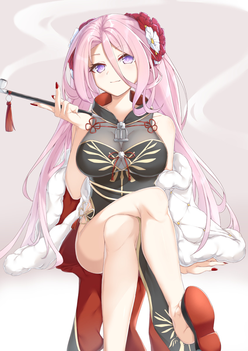 1girl absurdres azur_lane bare_legs bare_shoulders barefoot blush breasts china_dress chinese_clothes cleavage clip_studio_paint_(medium) coat dress eyelashes flower gradient_background hair_flower hair_ornament highres holding holding_smoking_pipe karla_(kimidori3) kiseru knees lexington_(azur_lane) lexington_(the_beauty_of_spring)_(azur_lane) long_hair looking_at_viewer nail_polish pale_skin pink_hair purple_eyes shoe_dangle sitting smile smoke smoking_pipe toes white_coat