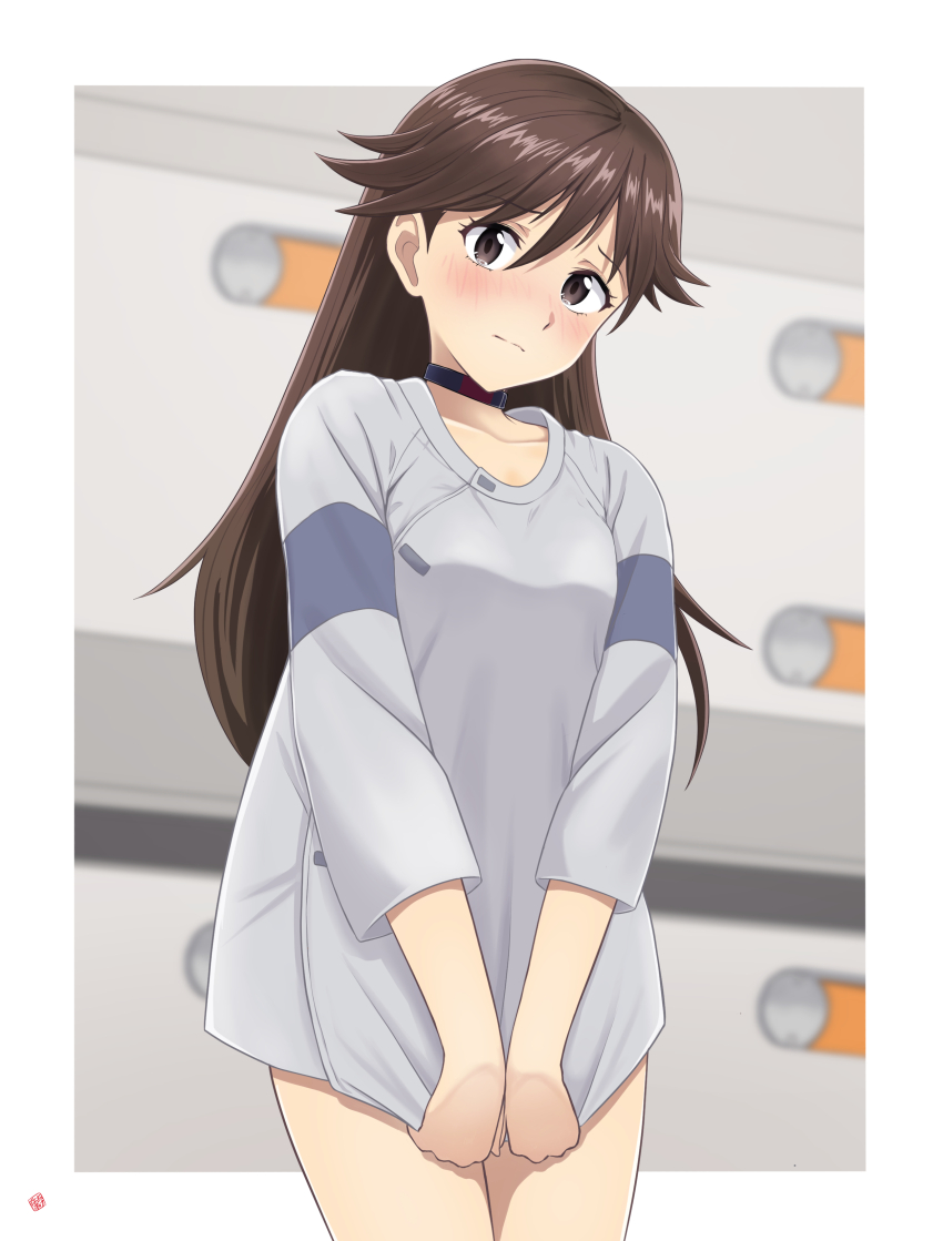 1girl absurdres alternate_costume blush border breasts brown_hair closed_mouth commentary_request commission evangelion:_3.0_you_can_(not)_redo highres indoors long_hair long_sleeves looking_at_viewer medium_breasts nao_suke neon_genesis_evangelion nervous no_pants pixiv_commission rebuild_of_evangelion role_reversal shirt small_breasts solo suzuhara_sakura white_border white_shirt