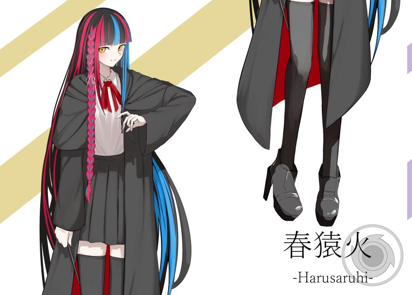 1girl absurdres aqui2002 arm_up black_cloak black_hair black_skirt black_thighhighs blue_hair blunt_bangs bow bowtie braid character_name cloak diagonal-striped_background harusaruhi highres holding holding_wand kamitsubaki_studio long_hair long_sleeves looking_at_viewer multicolored_hair platform_footwear platform_heels pleated_skirt red_bow red_bowtie red_hair shirt side_braid simple_background skirt solo split_image standing streaked_hair striped_background thighhighs very_long_hair virtual_youtuber wand white_shirt wing_collar yellow_eyes