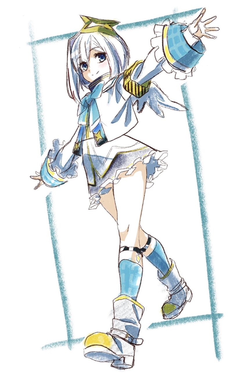 1girl amane_kanata angel_wings armband blue_bow blue_bowtie blue_hair blue_socks boots bow bowtie commentary_request feathered_wings frilled_sleeves frills highres hololive kneehighs outstretched_arms outstretched_hand plaid_clothes plaid_socks smile socks solo spread_arms virtual_youtuber white_boots wings yamada_yuukei