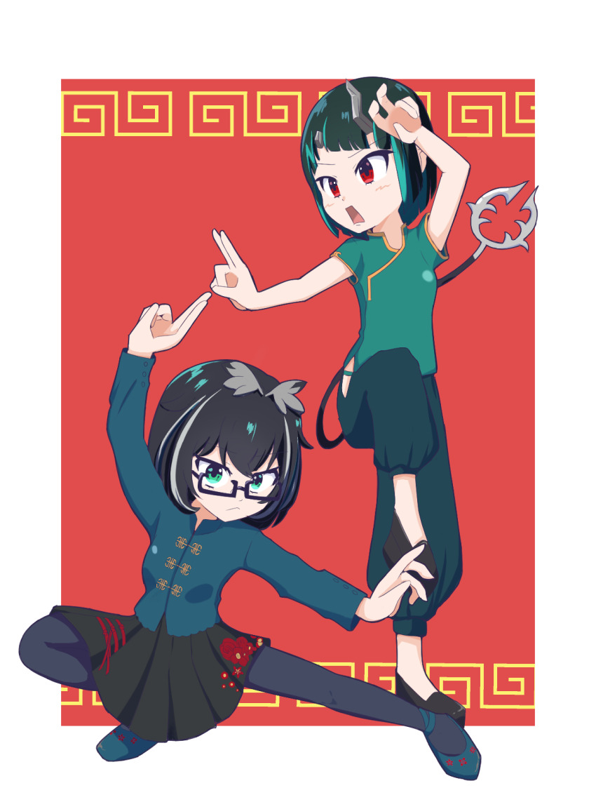2girls alternate_costume alternate_hairstyle arm_up black-framed_eyewear black_footwear black_hair black_pantyhose black_skirt blue_footwear blue_hair blue_shirt blush bob_cut breasts chinese_clothes closed_mouth commentary_request demon_girl demon_horns demon_tail fighting_stance flat_chest full_body glasses grey_hair grey_wings head_wings highres horns looking_afar looking_at_viewer meandros multicolored_hair multiple_girls nanashi_inc. open_mouth oura_rukako pantyhose red_background red_eyes rokusuke_nonaka shirt shishio_chris shoes short_hair short_sleeves skirt small_breasts squatting standing standing_on_one_leg streaked_hair tail tangzhuang two-tone_hair virtual_youtuber white_background wings