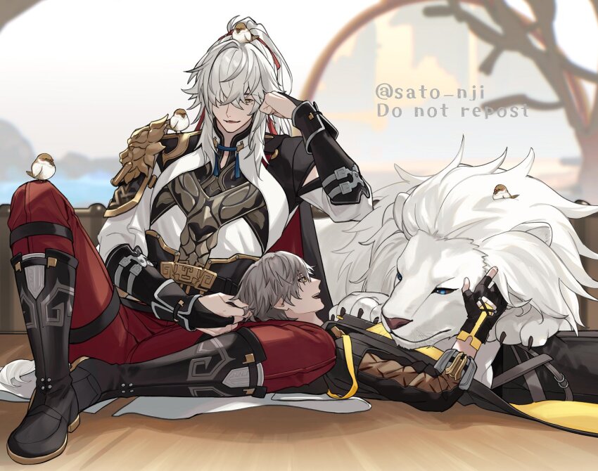 2boys animal animal_on_head animal_on_shoulder armor artist_name bird bird_on_head bird_on_knee bird_on_shoulder black_footwear blurry blurry_background boots bridal_gauntlets caelus_(honkai:_star_rail) chinese_clothes claws commentary_request crossed_bangs fingerless_gloves gloves grey_hair hair_over_one_eye hair_ribbon hand_up head_rest high_ponytail honkai:_star_rail honkai_(series) jing_yuan knee_up lion long_hair long_sleeves looking_at_another looking_down lying male_focus mandarin_collar mole mole_under_eye multiple_boys on_back on_head one_eye_covered open_mouth pants parted_bangs pauldrons ponytail profile red_pants red_ribbon ribbon sato_nji shirt short_hair shoulder_armor sidelocks single_pauldron sitting smile tassel teeth trailblazer_(honkai:_star_rail) twitter_username upper_teeth_only watermark white_shirt yellow_eyes