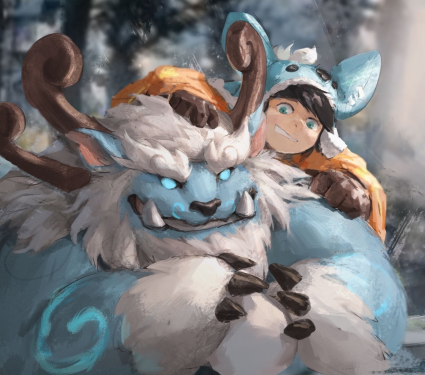 1boy black_hair brown_gloves child colored_sclera colored_skin forest gloves green_sclera green_skin grey_eyes grin highres hood hood_up horns league_of_legends lindong long_sleeves male_focus nature no_pupils nunu_(league_of_legends) open_mouth outdoors smile snow snowball teeth tree willump yeti_(creature)