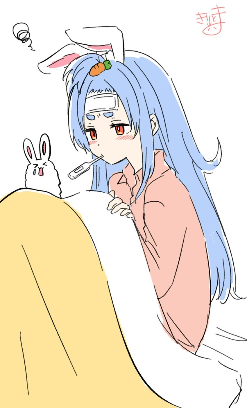 &gt;_&lt; 1girl animal_ear_fluff animal_ears bangs_pinned_back blue_hair blush brown_shirt carrot_hair_ornament closed_eyes collared_shirt commentary_request don-chan_(usada_pekora) food-themed_hair_ornament hair_ornament hand_up highres hololive kiritoma long_hair long_sleeves mouth_hold open_mouth rabbit_ears red_eyes shirt short_eyebrows sick signature simple_background sitting solo squiggle thermometer thick_eyebrows under_covers usada_pekora very_long_hair virtual_youtuber white_background