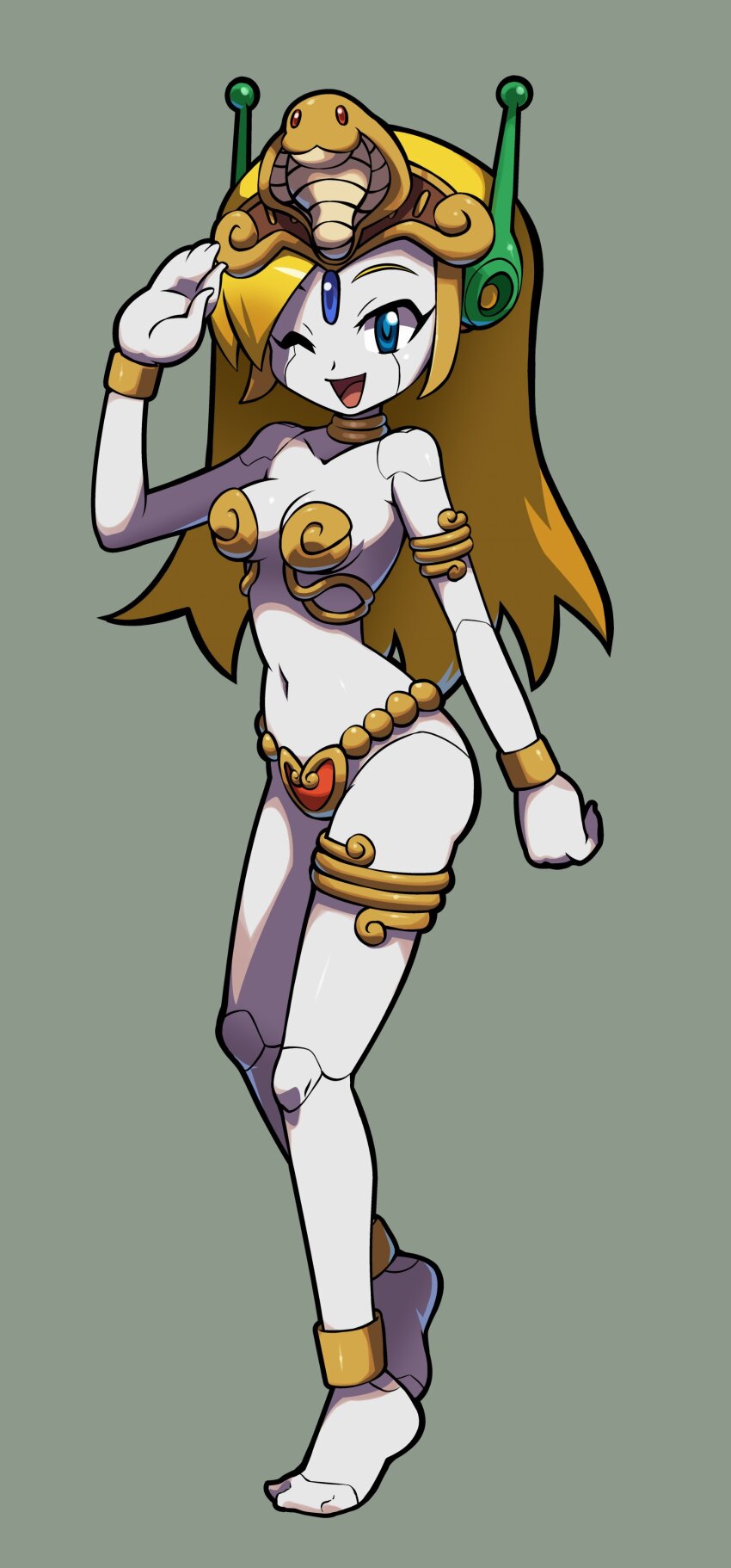 1girl absurdres alternate_costume android anklet armlet armor bikini_armor blonde_hair blue_eyes blue_gemstone bracelet breasts bridgeless_bra colored_skin commission cosplay curly_brace doukutsu_monogatari forehead_jewel full_body gem gold_anklet gold_armlet gold_bracelet gold_hairband gold_headwear gold_thighlet hairband hand_up highres jewelry joints long_hair looking_at_viewer medium_breasts metal_bikini navel neck_ring niyuyu00 one_eye_closed open_mouth robot_ears robot_joints shantae shantae_(cosplay) shantae_(series) shantae_and_the_pirate&#039;s_curse smile solo standing thighlet uraeus white_skin